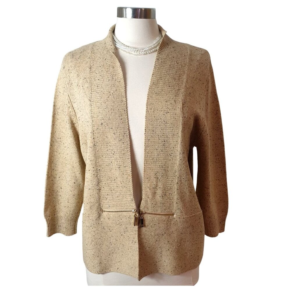 Ivanka Trump Open Cardigan L Beige Knit Gold Zippers Chic Speckled Boho Elegant